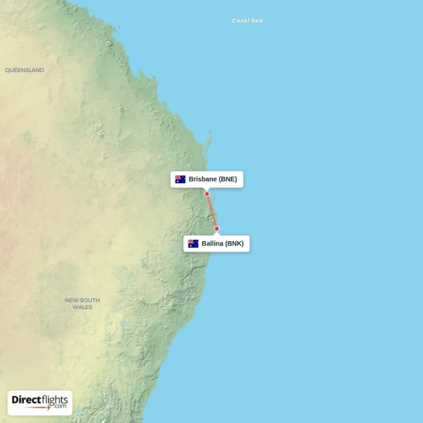 Brisbane - Ballina direct flight map