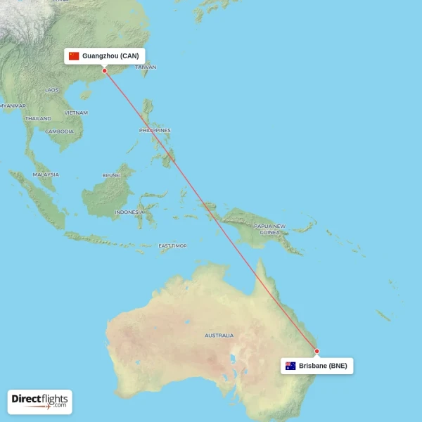 Brisbane - Guangzhou direct flight map