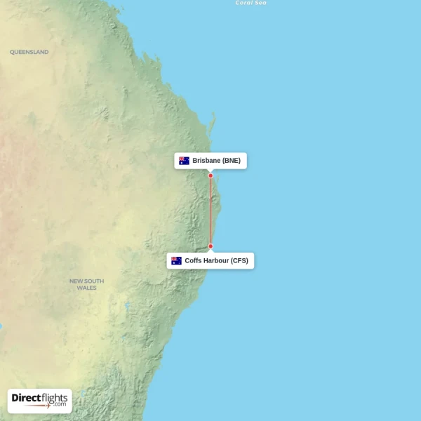 Brisbane - Coffs Harbour direct flight map