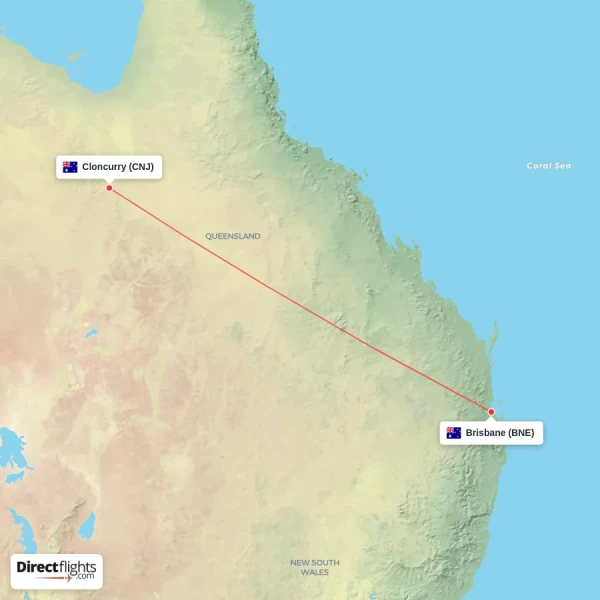 Brisbane - Cloncurry direct flight map