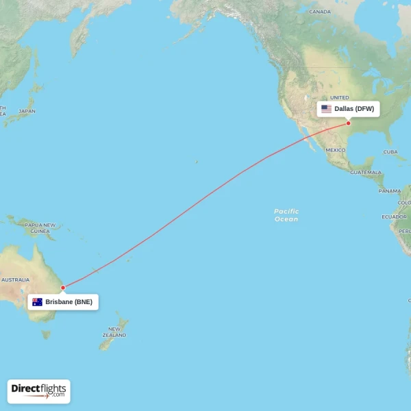 Brisbane - Dallas direct flight map