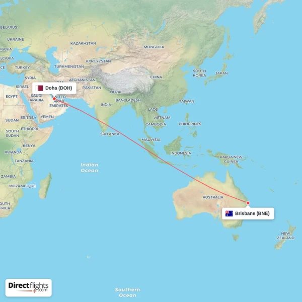 Brisbane - Doha direct flight map