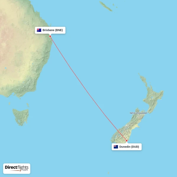Brisbane - Dunedin direct flight map