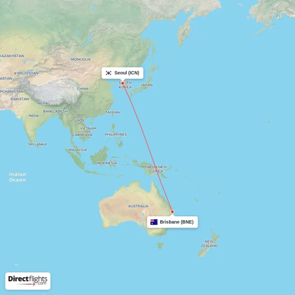 Brisbane - Seoul direct flight map