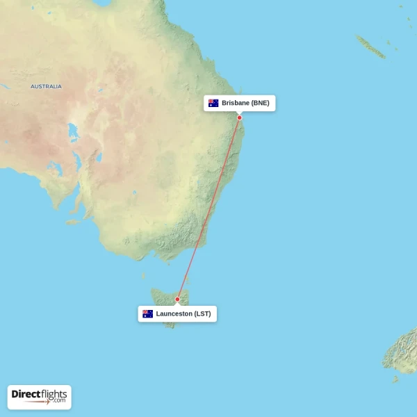 Brisbane - Launceston direct flight map