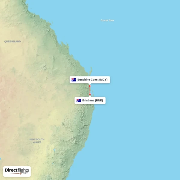 Brisbane - Sunshine Coast direct flight map