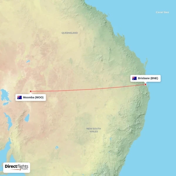 Brisbane - Moomba direct flight map