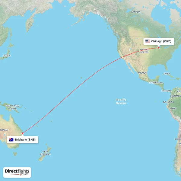 Brisbane - Chicago direct flight map
