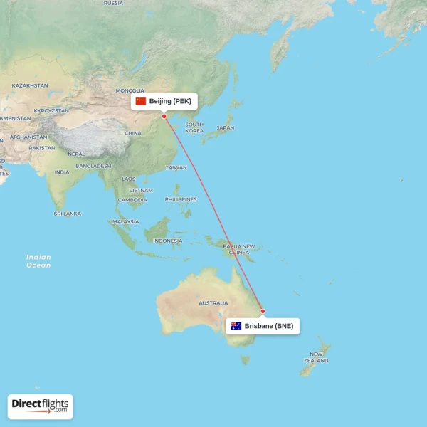 Brisbane - Beijing direct flight map