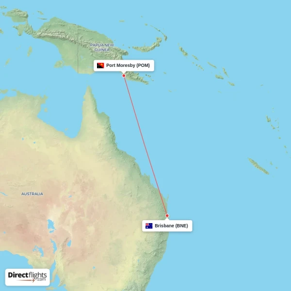 Brisbane - Port Moresby direct flight map