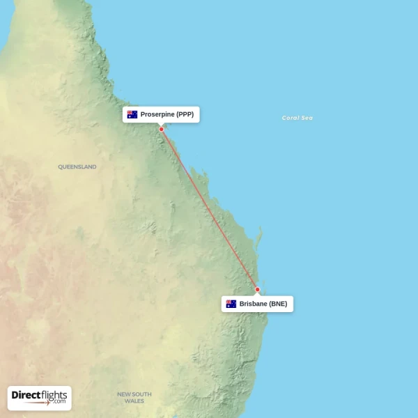Brisbane - Proserpine direct flight map