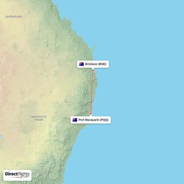 Brisbane - Port Macquarie direct flight map