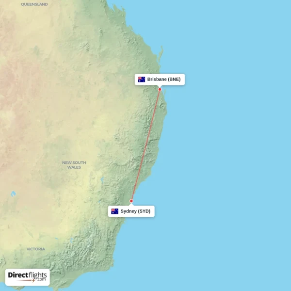 Brisbane - Sydney direct flight map