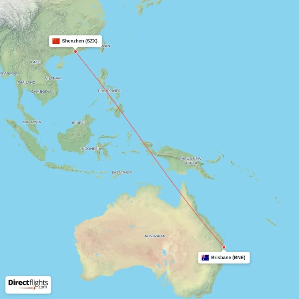 Brisbane - Shenzhen direct flight map