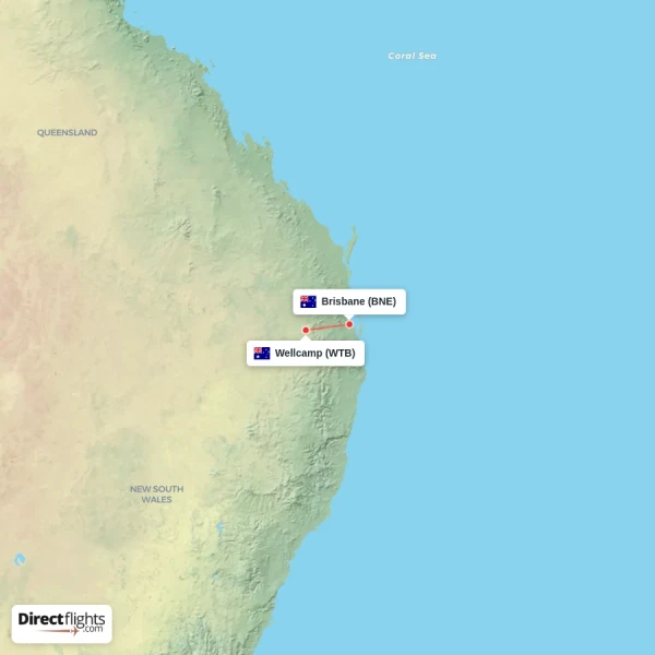 Brisbane - Wellcamp direct flight map