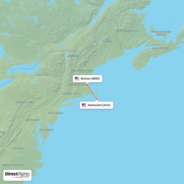 Boston - Nantucket direct flight map