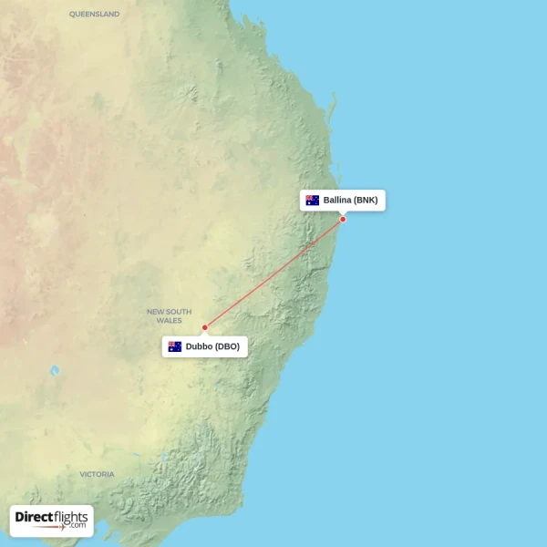 Ballina - Dubbo direct flight map