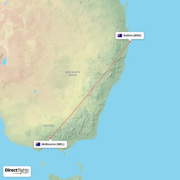 Ballina - Melbourne direct flight map