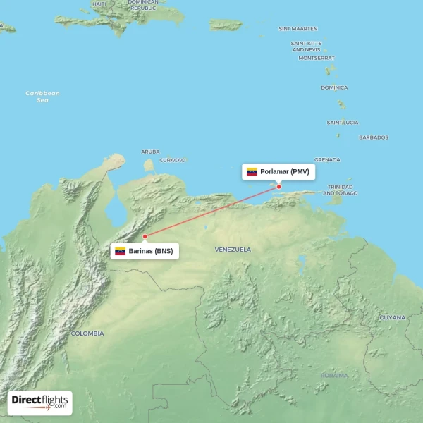 Barinas - Porlamar direct flight map