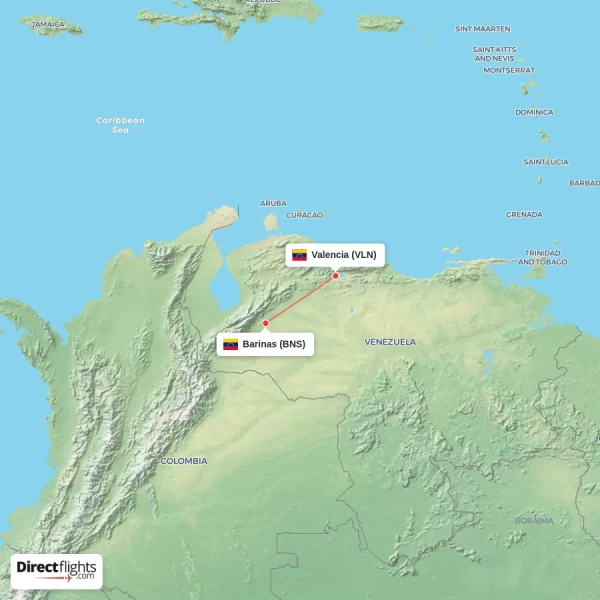 Barinas - Valencia direct flight map