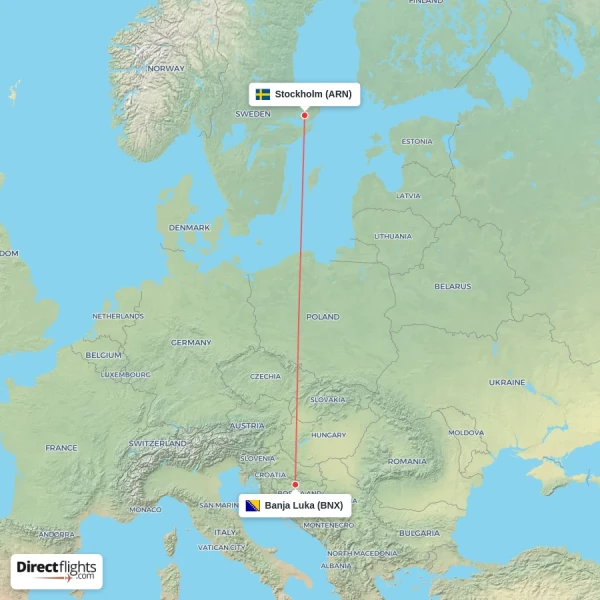 Banja Luka - Stockholm direct flight map
