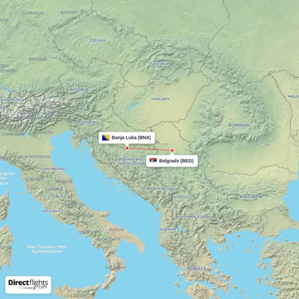 Banja Luka - Belgrade direct flight map