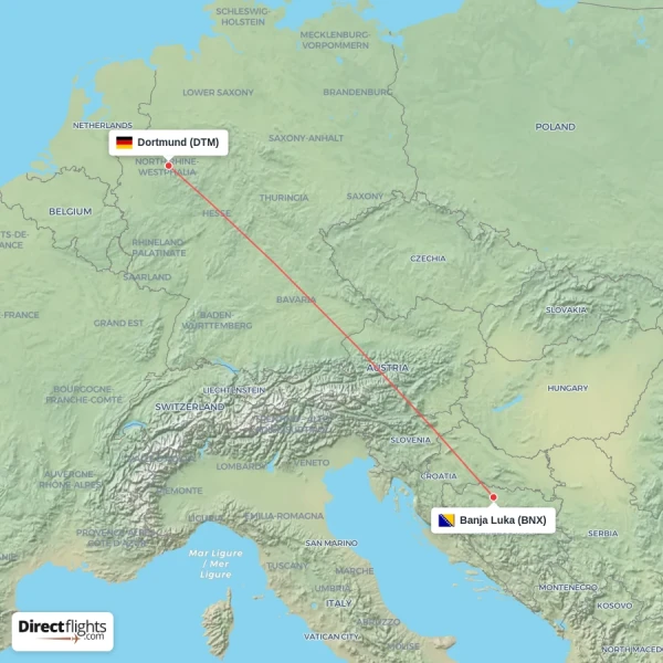Banja Luka - Dortmund direct flight map