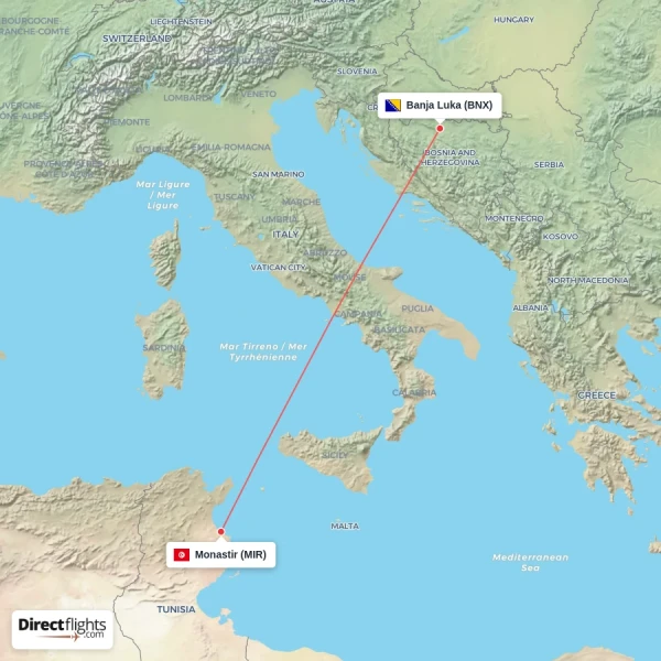 Banja Luka - Monastir direct flight map