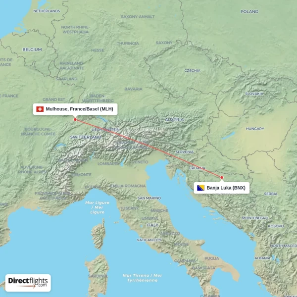 Banja Luka - Mulhouse, France/Basel direct flight map