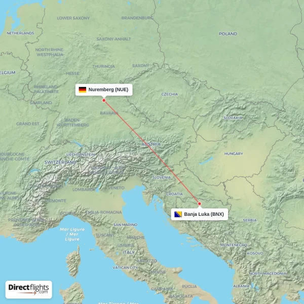 Banja Luka - Nuremberg direct flight map