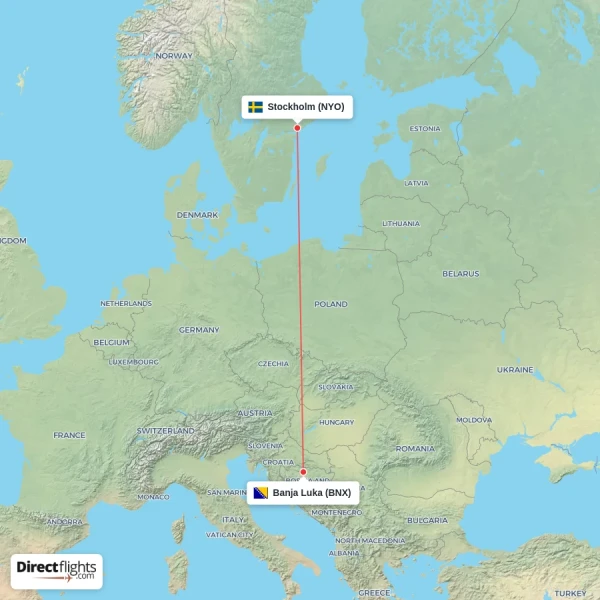 Banja Luka - Stockholm direct flight map