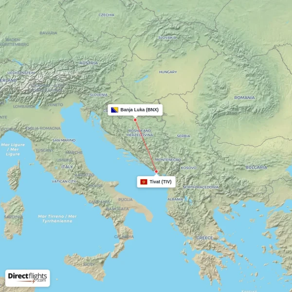 Banja Luka - Tivat direct flight map