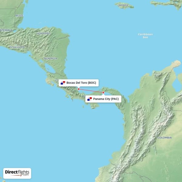 Bocas Del Toro - Panama City direct flight map