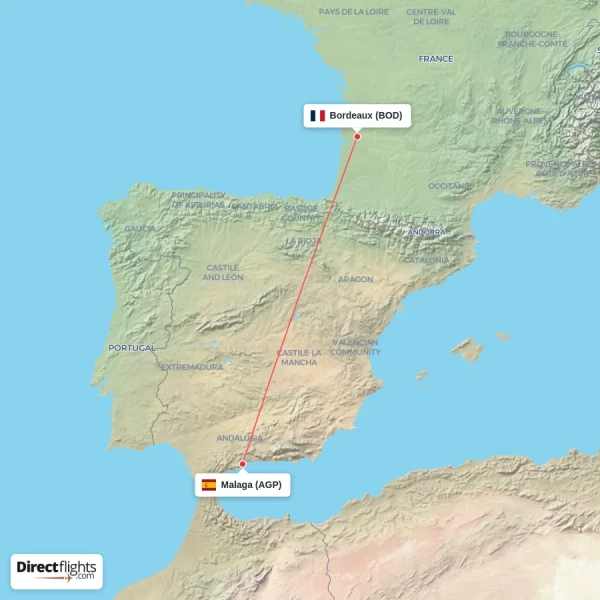 Bordeaux - Malaga direct flight map