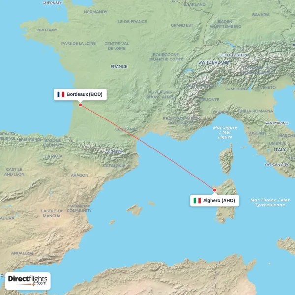 Bordeaux - Alghero direct flight map