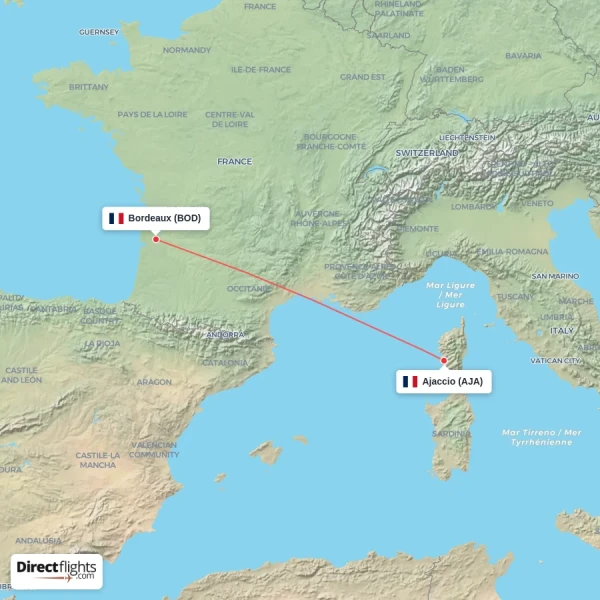 Bordeaux - Ajaccio direct flight map
