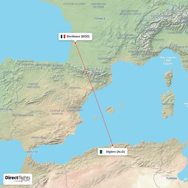 Bordeaux - Algiers direct flight map
