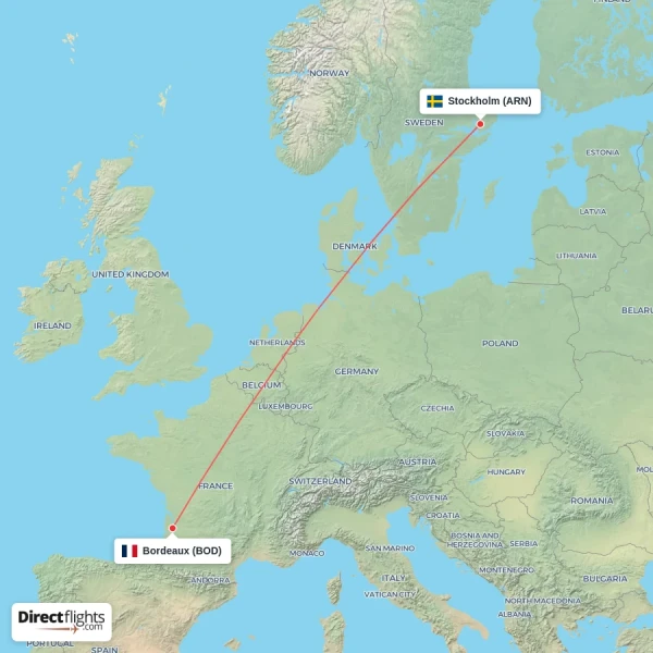 Bordeaux - Stockholm direct flight map
