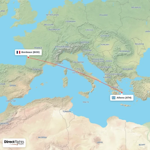 Bordeaux - Athens direct flight map