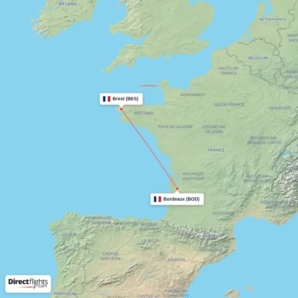 Bordeaux - Brest direct flight map