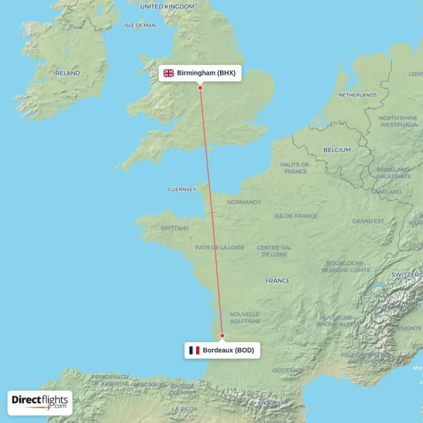 Bordeaux - Birmingham direct flight map