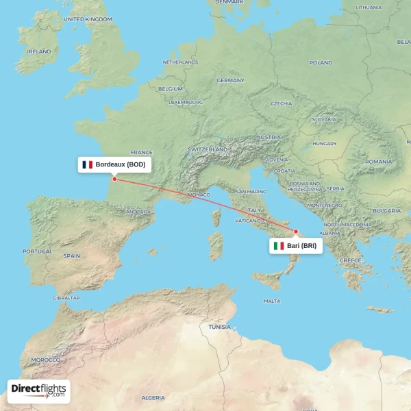 Bordeaux - Bari direct flight map