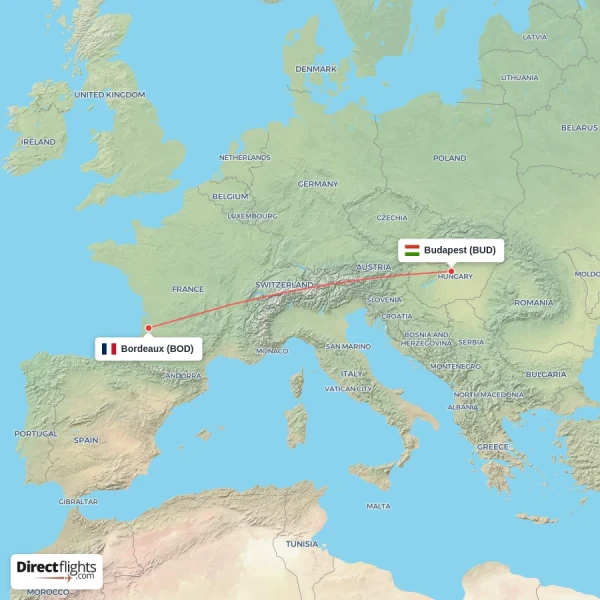Bordeaux - Budapest direct flight map