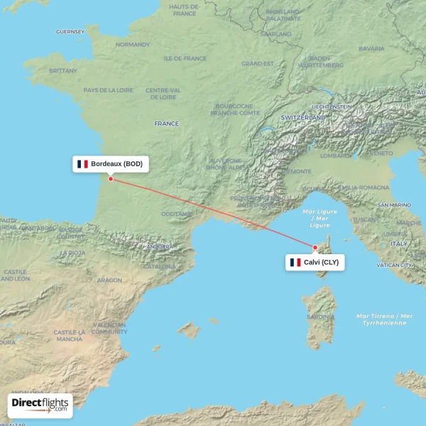 Bordeaux - Calvi direct flight map