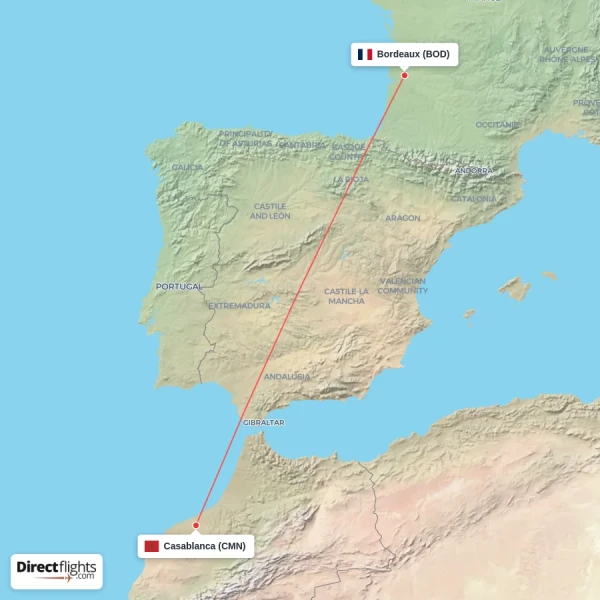 Bordeaux - Casablanca direct flight map