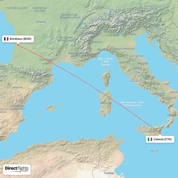 Bordeaux - Catania direct flight map