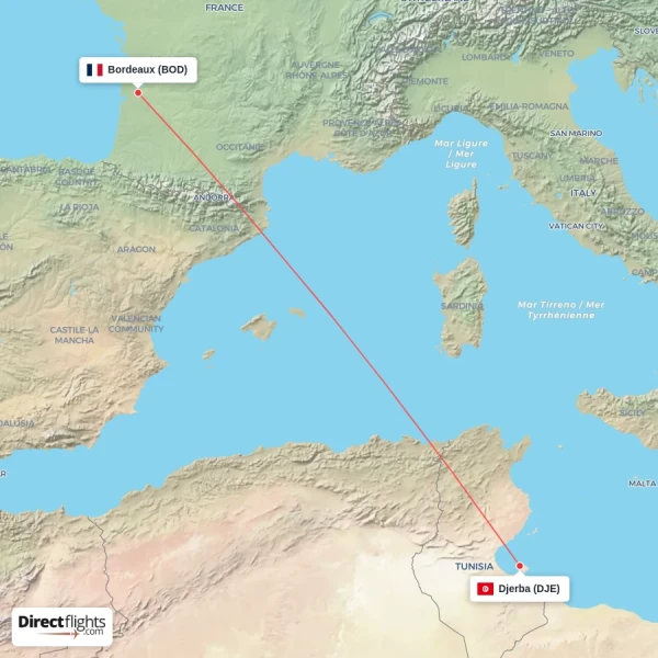 Bordeaux - Djerba direct flight map