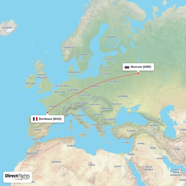Bordeaux - Moscow direct flight map