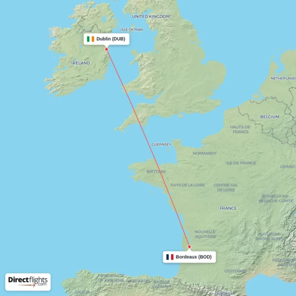 Bordeaux - Dublin direct flight map