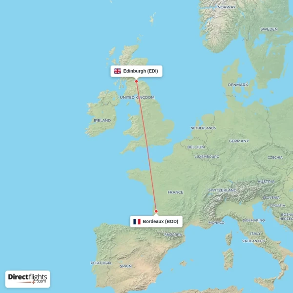 Bordeaux - Edinburgh direct flight map
